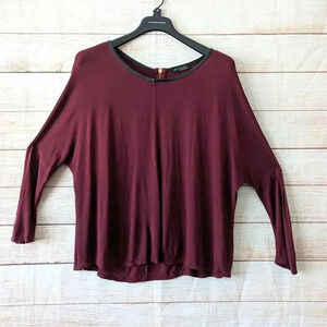 Zara W&B Collection Size L Dolman Sleeve Blouse Back Zip Faux Leather Trim